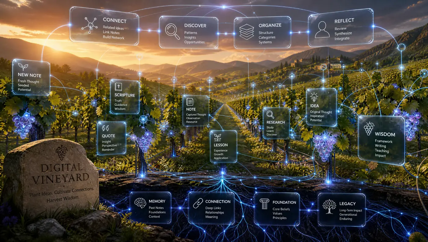 A vineyard at golden hour with glowing glass note cards hanging among the vines.