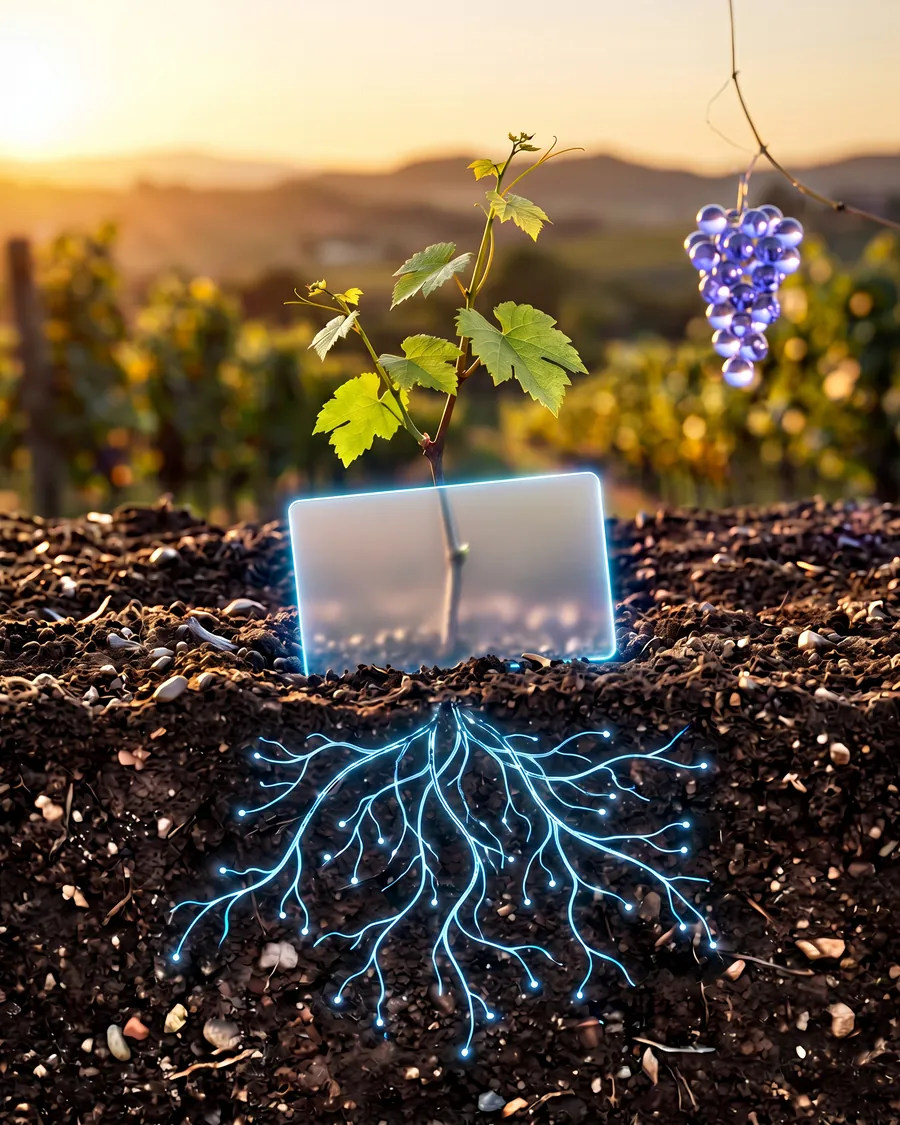 A young grapevine grows through a blank glass card planted in dark soil at golden hour, blue roots glowing below and grapes hanging above.